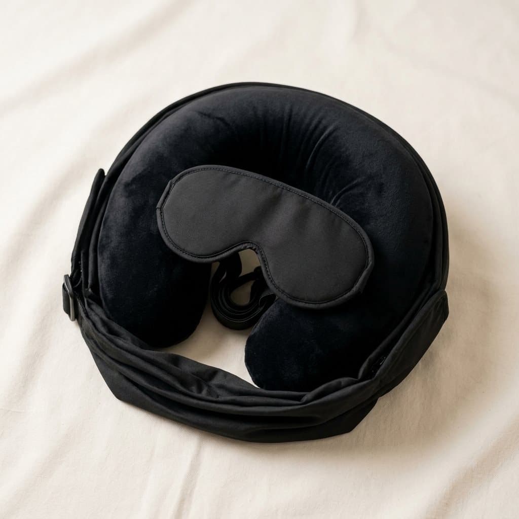 Contoured travel neck pillow with a matching 3D blackout eye mask